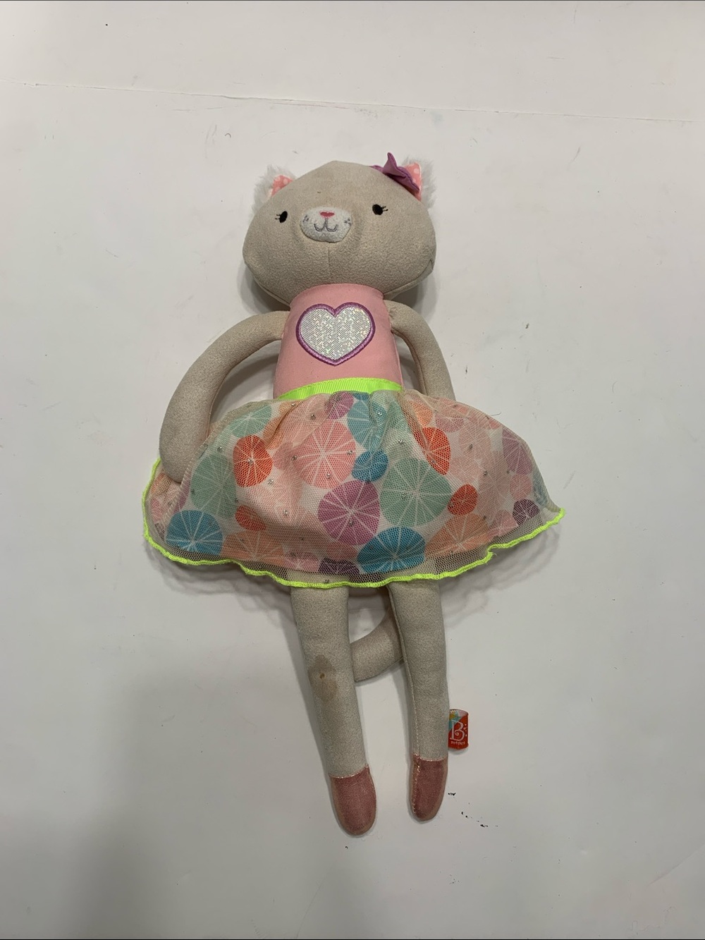 Softies B Plush Cat Doll in Pastel Pink Dress with Heart - Kids Stuffed Animal